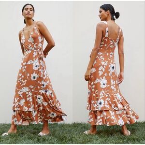 Anthropologie Ruffled Floral Midi Dress Womens Small Faux Wrap Rust Orange Tank